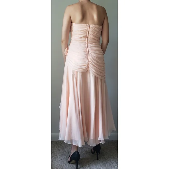 Vintage 80s Pink Pleated Ruched Formal High Low Midi Dress with Rose Detail - Picture 3 of 16
